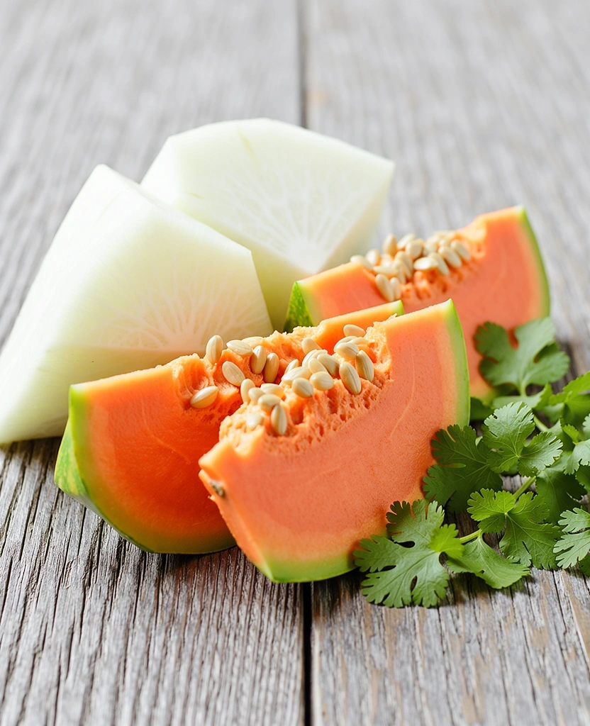 Frutas y verduras frescas en una mesa de madera